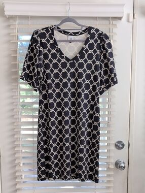 CAbi Navy Dress with White Chain-Link Print